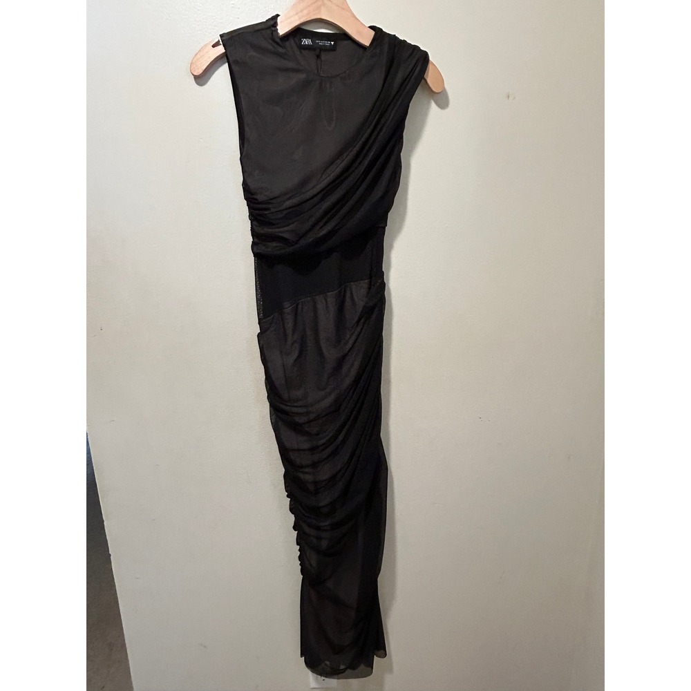 Zara Whimsigoth Dark Romantic Vampy Black Mesh Ruched Draped Midi Dress Glam
